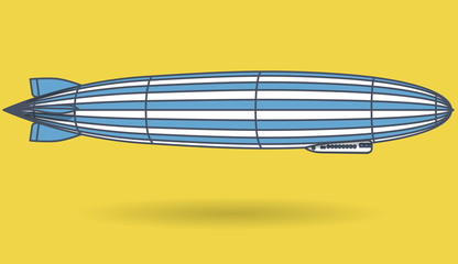 Outlined huge zeppelin airship filled with hydrogen. Blue yellow stylized flying balloon. Big dirigible, propellers and rudder. Long zeppelin, yellow background, airship. Isolated vector illustration © weenee