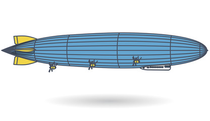 Outlined huge zeppelin airship filled with hydrogen. Blue yellow stylized flying balloon. Big dirigible, propellers and rudder. Long zeppelin, white background, airship. Isolated vector illustration