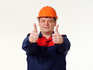 man in builder overalls on white background.