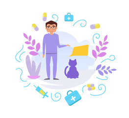 Veterinarian with cat Vector. Cartoon. Isolated art on white background.