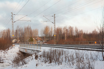 Snowy railroad view at winter morning in Kouvola, Finland