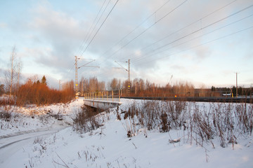 Snowy railroad view at winter morning in Kouvola, Finland