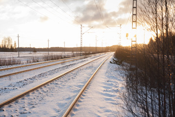 Snowy railroad view at winter morning in Kouvola, Finland