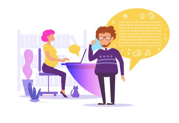 Man coughs next to pregnant woman, office Vector. Cartoon. Isolated art on white background.