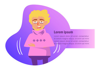 Chills, cold, flu Man portrait Vector. Cartoon. Isolated art on white background.