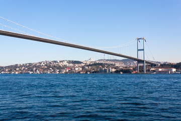 A tourist ship sails through the Bosphorus. Istanbul, Turkey. View of the city. Tourism and travel.