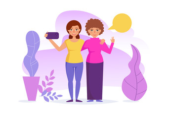 Friends take selfies Vector. Cartoon. Isolated art on white background.