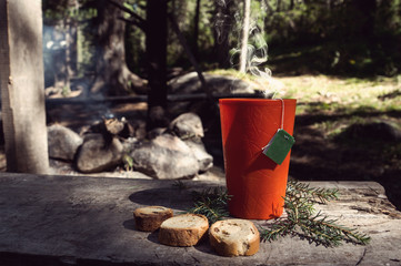 Outdoor food items set. Travel, tourism and camping equipment.