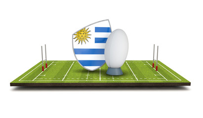 Uruguay rugby shield flag icon with rugby ball. 3D Render