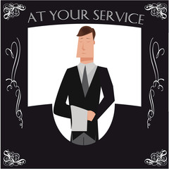 Black and white butler poster with cartoon butler and typography at your service