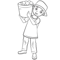 Cartoon child shouldering a bucket of oranges in farmer uniform