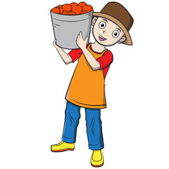 Cartoon child shouldering a bucket of oranges in farmer uniform