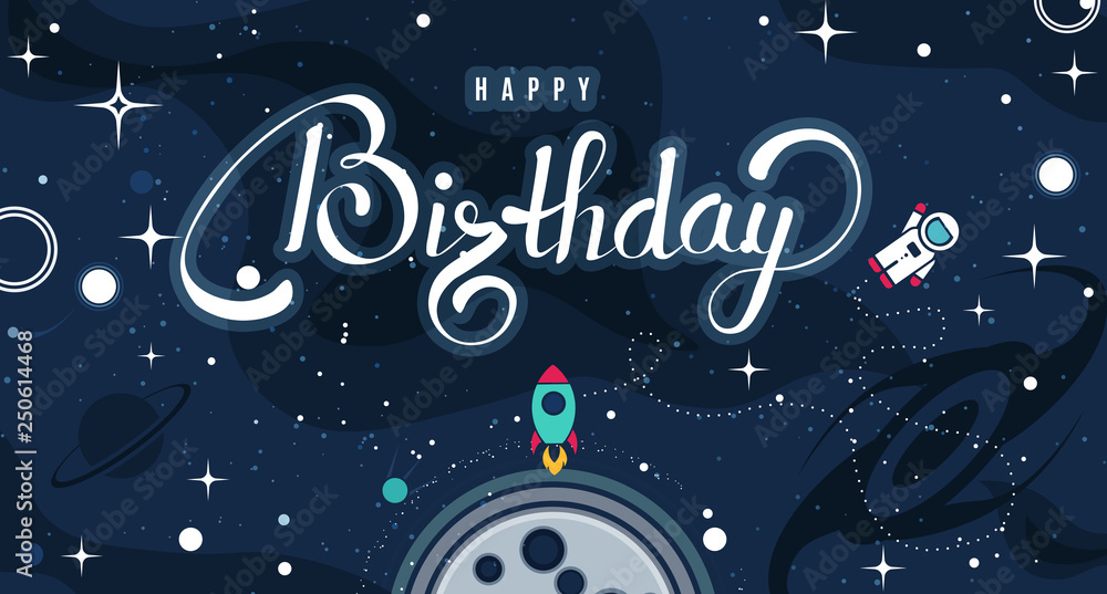 Wall mural happy birthday background template with outer space and lettering.