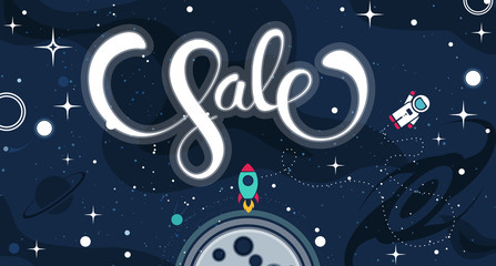 Sale advertising background template with Outer space and lettering.