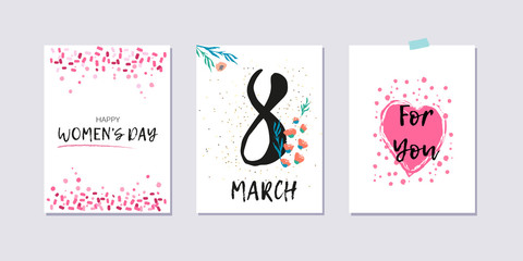 Happy women's day. Set of International Women's day poscards with greeting tags. Collection of greeting card for 8 march. Pink, black and white colors. Brush lettering. Simple hand drawn elements.