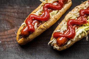 hot dog fast food sausage cabbage wooden board kitchen restaurant traditional top view