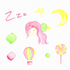 watercolor set with sleeping girl with pink hair in pajamas, month, star, balloon, sweaters, pillows