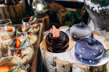 Delicious cakes with blueberries and chocolate on a beautifully decorated table with wooden elements