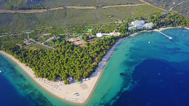 Aerial bird's eye view video taken by drone of exotic seascape and sandy beach with turquoise clear waters and pine trees, Gregolimano, North Evoia island, Greece