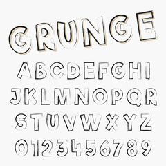 Grunge alphabet font template. Letters and numbers of distressed stroke design