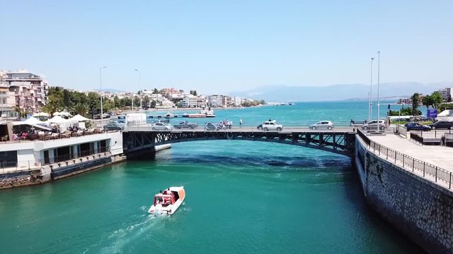 Aerial drone video of new famous public strait cable bridge of Halkida or Chalkida connecting mainland with Evoia island, Greece