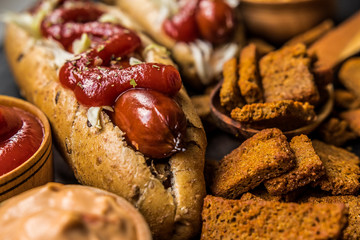 hot dog croutons spices fast food dish cooking menu
