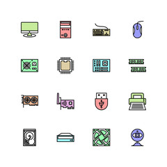 Computer hardware and accessories icon set outline fill style