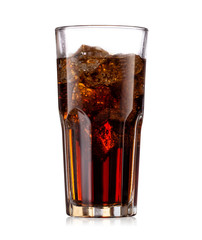 Brown carbonated drink in a glass with ice