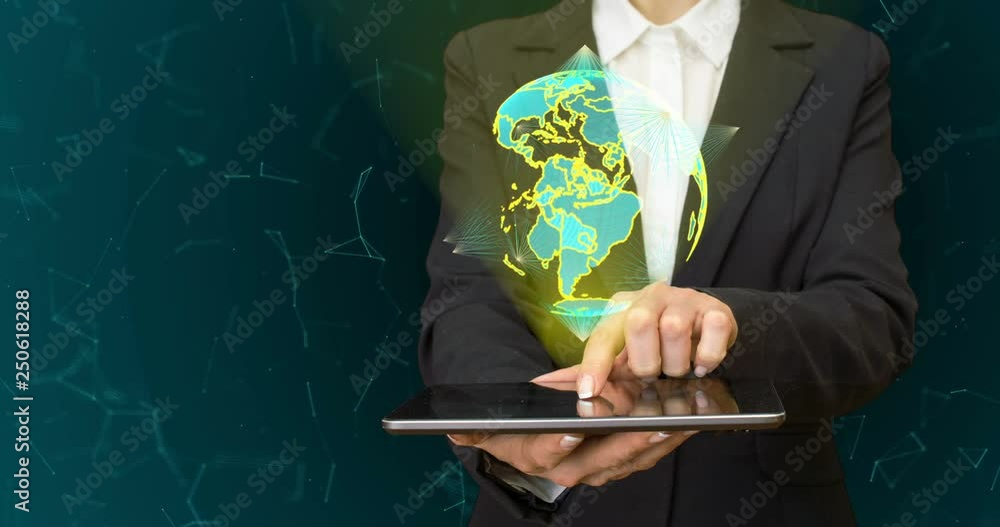 Poster abstract globe with particles and plexus structure. digital technology planet with continent forming
