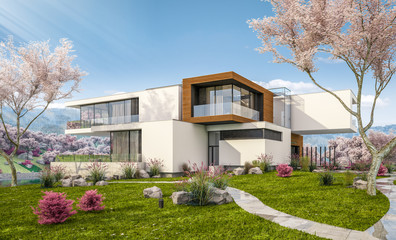 Fototapeta na wymiar 3d rendering of modern house by the river in spring