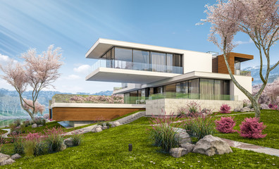 3d rendering of modern house by the river in spring