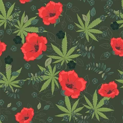 Tuinposter Cannabis leaves with flowers pattern. Marijuana and flowers pattern. Cannabis pattern. Vector illustration. © diluck