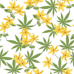 Cannabis leaves with flowers pattern. Marijuana and flowers pattern. Cannabis pattern. Vector illustration.