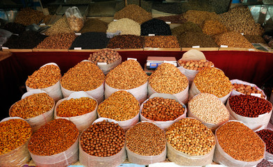 Dried nuts and fruits at popular market in Kashgar, Xinjiang, China.