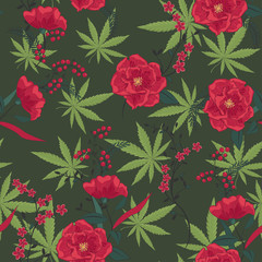 Cannabis leaves with flowers pattern. Marijuana and flowers pattern. Cannabis pattern. Vector illustration.