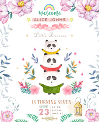 Cute happy birthday card with cartoon Panda. Watercolor panda clip art and beauty boho pink flowers, floral. lamp light and leaf for greeting card on white background