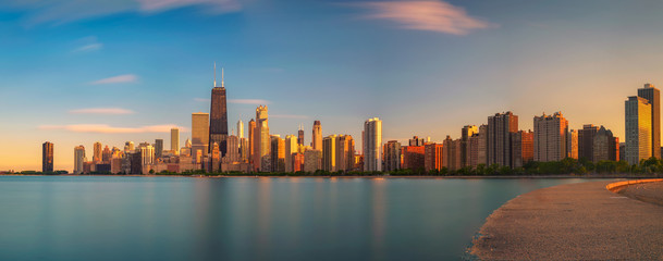 Chicago skyline at sunset viewed from North Avenue Beach