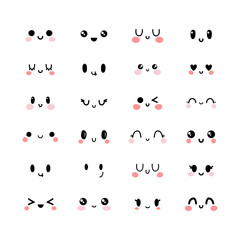 Emotional cute faces in kawaii style. Happy feelings. Emoji icons. Set of funny and lovely kawaii emoticon faces. Smile