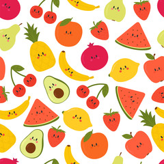 Cute seamless pattern with cartoon fruits. Kawaii. Creative healthy background. Modern stylish texture. Great for fabric, textile, wrapping