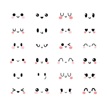 Emotional cute faces in kawaii style. Happy feelings. Emoji icons. Set of funny and lovely kawaii emoticon faces. Smile