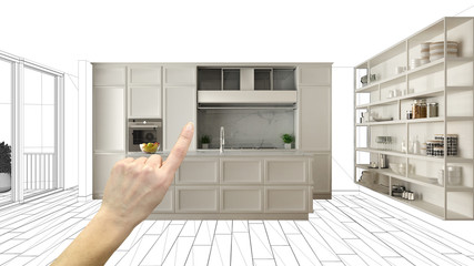 Unfinished project, under construction draft, concept interior design sketch, hand pointing real...