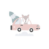 Fox in car with Christmas tree 