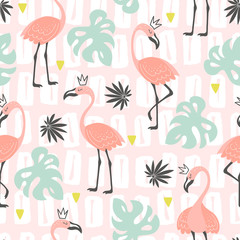 Tropical trendy seamless pattern with flamingos