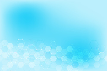 Abstract technical background with hexagons pattern and molecular structures. Background texture for medical, science and technology design.