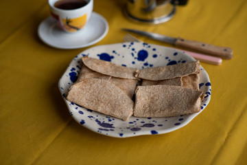 wholewheat breakfast tortilla, stuffed with ham, cheese and eggs