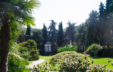 Rotunda in antique style in an olive grove near the pond