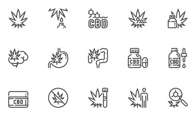 Cannabidiol Vector Line Icons Set. CBD, Cannabis, Hemp Oil. Editable Stroke. 48x48 Pixel Perfect.
