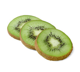 Three slices of juicy kiwi on a white isolated background. Close-up. Top side view. Texture and...