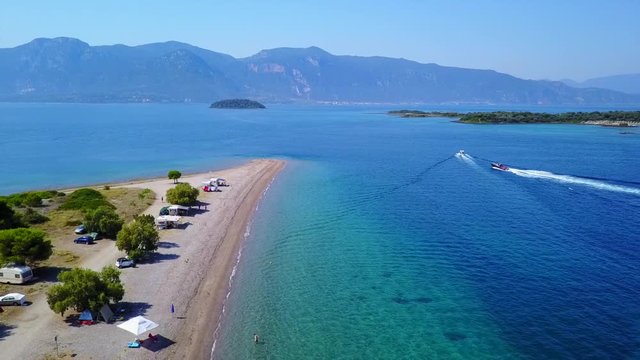 Aerial drone video of tropical exotic small paradise complex islands of Lichadonisia in North Evia island, Greece
