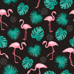 Seamless summer tropical pattern with watercolor flamingo and palm leaves.